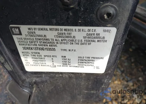 2003 Chevrolet Avalanche 1500 from USA, damaged, VIN 3GNEK13T83G153535